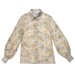 70s Vintage Lady Manhattan Blouse Semi Sheer Pastel Floral Pointed Collar.